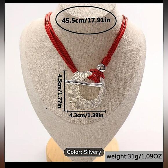 Bohemian Silver Hammered Statement Toggle Necklace, Tribal, Boho - Picture 5 of 5